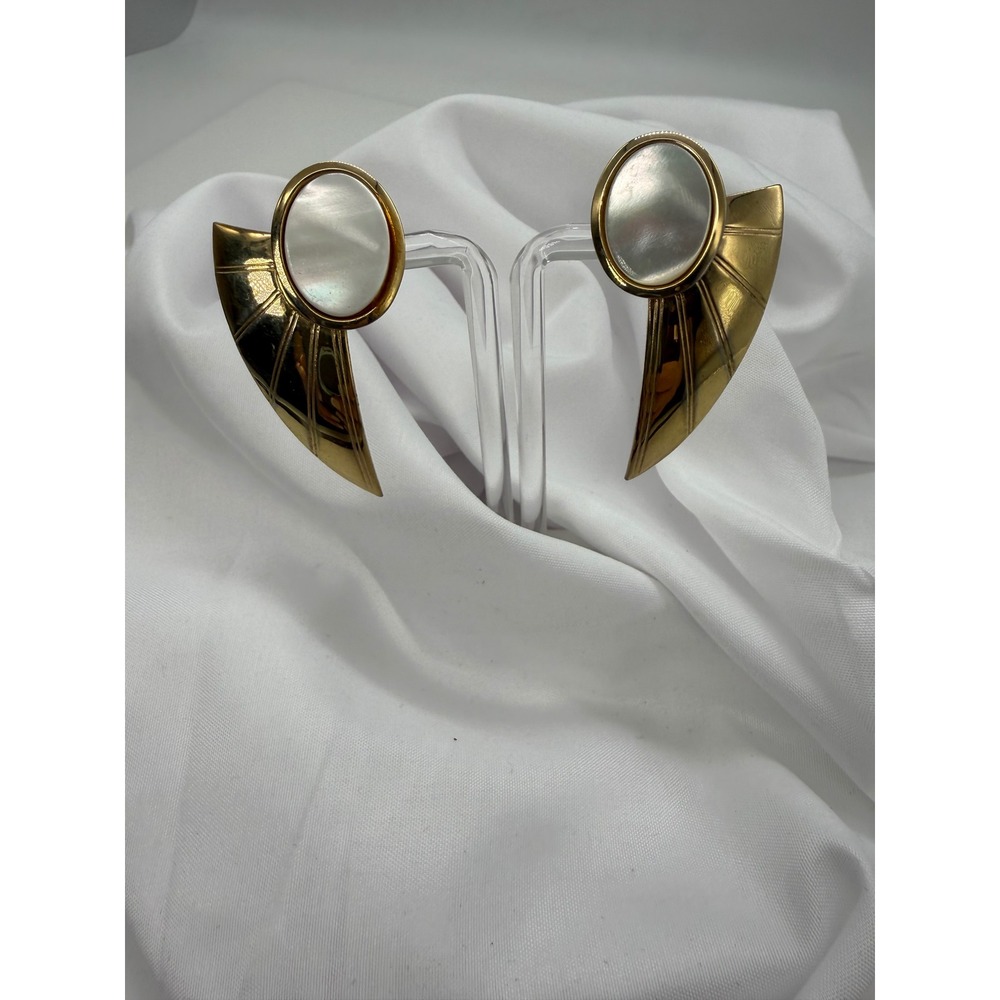Vintage Gold Tone Faux Pearl Wing Clip On Earrings Statement Geometric Retro - Picture 2 of 5